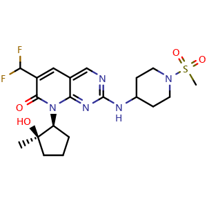 Chemical structure of 6-(difluoromethyl)-8-((1S,2R)-2-hydroxy-2-methylcyclopentyl)-2-((1-(methylsulfonyl)piperidin-4-yl)amino)pyrido[2,3-d]pyrimidin-7(8H)-one , AChemBlock V157470