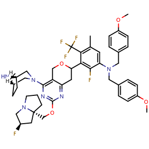 Chemical structure of 3-(4-((1R,5S)-3,8-diazabicyclo[3.2.1]octan-3-yl)-2-(((2R,7aS)-2-fluorotetrahydro-1H-pyrrolizin-7a(5H)-yl)methoxy)-7,8-dihydro-5H-pyrano[4,3-d]pyrimidin-7-yl)-2-fluoro-N,N-bis(4-methoxybenzyl)-5-methyl-4-(trifluoromethyl)aniline , AChemBlock V157476