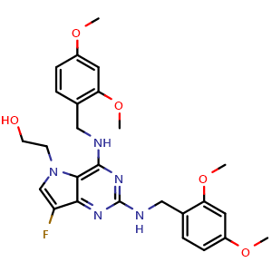 Chemical structure of 2-(2,4-bis((2,4-dimethoxybenzyl)amino)-7-fluoro-5H-pyrrolo[3,2-d]pyrimidin-5-yl)ethan-1-ol , AChemBlock V170621