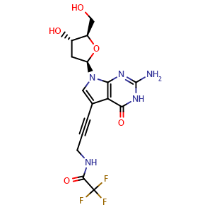 Chemical structure of N-(3-(2-amino-7-((2R,4S,5R)-4-hydroxy-5-(hydroxymethyl)tetrahydrofuran-2-yl)-4-oxo-4a,7-dihydro-4H-pyrrolo[2,3-d]pyrimidin-5-yl)prop-2-yn-1-yl)-2,2,2-trifluoroacetamide , CAS 666847-77-4, AChemBlock V170625
