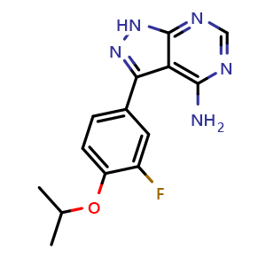 Chemical structure of 3-(3-Fluoro-4-isopropoxyphenyl)-1H-pyrazolo[3,4-d]pyrimidin-4-amine , CAS 1408087-64-8, AChemBlock W157497
