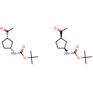 Chemical structure of tert-butyl ((1R,3S)-3-acetylcyclopentyl)carbamate compound with tert-butyl ((1S,3R)-3-acetylcyclopentyl)carbamate , CAS 948831-27-4, AChemBlock W157550