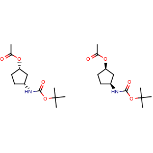 Chemical structure of (1R,3S)-3-((tert-butoxycarbonyl)amino)cyclopentyl acetate compound with (1S,3R)-3-((tert-butoxycarbonyl)amino)cyclopentyl acetate , CAS 1932014-73-7, AChemBlock W157551