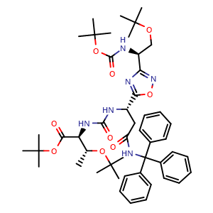 Chemical structure of (2S,3R)-tert-butyl 3-(tert-butoxy)-2-(3-((S)-1-(3-((R)-2-(tert-butoxy)-1-((tert-butoxycarbonyl)amino)ethyl)-1,2,4-oxadiazol-5-yl)-3-oxo-3-(tritylamino)propyl)ureido)butanoate , CAS 2459946-45-1, AChemBlock W157586