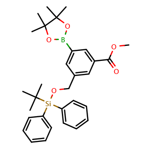 Chemical structure of Methyl 3-(((tert-butyldiphenylsilyl)oxy)methyl)-5-(4,4,5,5-tetramethyl-1,3,2-dioxaborolan-2-yl)benzoate , CAS 2411829-06-4, AChemBlock W157590