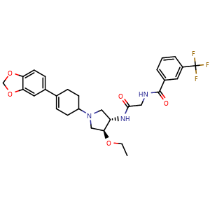 Chemical structure of rel-N-(2-(((3S,4S)-1-(4-(Benzo[d][1,3]dioxol-5-yl)cyclohex-3-en-1-yl)-4-ethoxypyrrolidin-3-yl)amino)-2-oxoethyl)-3-(trifluoromethyl)benzamide , AChemBlock W157629