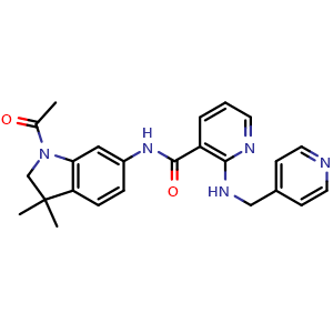 Chemical structure of N-(1-acetyl-3,3-dimethylindolin-6-yl)-2-((pyridin-4-ylmethyl)amino)nicotinamide , CAS 453562-74-8, AChemBlock W157668