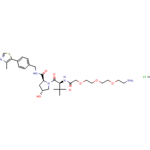 Chemical structure of (2S,4R)-1-((S)-14-amino-2-(tert-butyl)-4-oxo-6,9,12-trioxa-3-azatetradecan-1-oyl)-4-hydroxy-N-(4-(4-methylthiazol-5-yl)benzyl)pyrrolidine-2-carboxamide hydrochloride , CAS 2097971-11-2, AChemBlock W157670