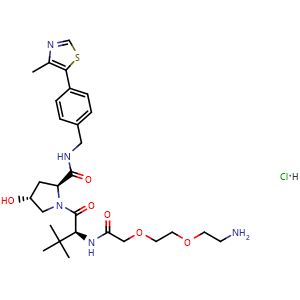 Chemical structure of (2S,4R)-1-((S)-2-(2-(2-(2-aminoethoxy)ethoxy)acetamido)-3,3-dimethylbutanoyl)-4-hydroxy-N-(4-(4-methylthiazol-5-yl)benzyl)pyrrolidine-2-carboxamide hydrochloride , CAS 2097973-72-1, AChemBlock W157671