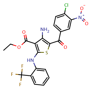 Chemical structure of Ethyl 4-amino-5-(4-chloro-3-nitrobenzoyl)-2-((2-(trifluoromethyl)phenyl)amino)thiophene-3-carboxylate , CAS 680212-25-3, AChemBlock W157711