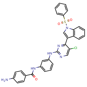 Chemical structure of 4-Amino-N-(3-((5-chloro-4-(1-(phenylsulfonyl)-1H-indol-3-yl)pyrimidin-2-yl)amino)phenyl)benzamide , CAS 1604811-59-7, AChemBlock W157733