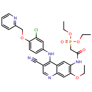 Chemical structure of Diethyl (2-((4-((3-chloro-4-(pyridin-2-ylmethoxy)phenyl)amino)-3-cyano-7-ethoxyquinolin-6-yl)amino)-2-oxoethyl)phosphonate , CAS 1269662-79-4, AChemBlock W157734