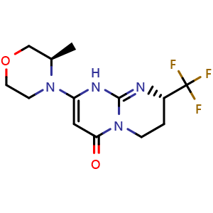 Chemical structure of (8S)-1,6,7,8-Tetrahydro-2-[(3R)-3-methyl-4-morpholinyl]-8-(trifluoromethyl)-4H-pyrimido[1,2-a]pyrimidin-4-one , CAS 1523412-59-0, AChemBlock W157767
