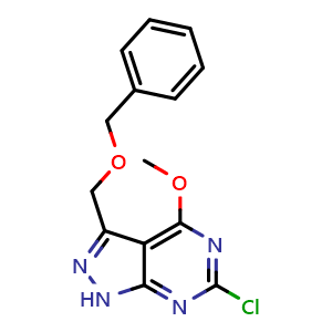 Chemical structure of 3-((Benzyloxy)methyl)-6-chloro-4-methoxy-1H-pyrazolo[3,4-d]pyrimidine , CAS 2055072-00-7, AChemBlock W157804
