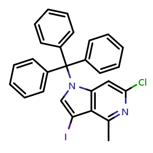 Chemical structure of 6-Chloro-3-iodo-4-methyl-1-trityl-1H-pyrrolo[3,2-c]pyridine , CAS 2443909-96-2, AChemBlock W157807