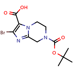 Chemical structure of 2-Bromo-7-(tert-butoxycarbonyl)-5,6,7,8-tetrahydroimidazo[1,2-a]pyrazine-3-carboxylic acid , CAS 1823840-73-8, AChemBlock W157895