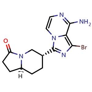 Chemical structure of (6R,8aS)-6-(8-amino-1-bromoimidazo[1,5-a]pyrazin-3-yl)hexahydroindolizin-3(2H)-one , CAS 1620675-62-8, AChemBlock W157898