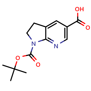 Chemical structure of 1-(tert-Butoxycarbonyl)-2,3-dihydro-1H-pyrrolo[2,3-b]pyridine-5-carboxylic acid , CAS 1341037-48-6, AChemBlock W158013