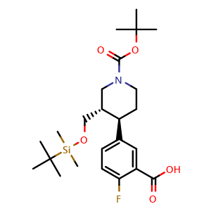Chemical structure of 5-[(3S,4R)-1-[(tert-butoxy)carbonyl]-3-{[(tert-butyldimethylsilyl)oxy]methyl}piperidin-4-yl]-2-fluorobenzoic acid , CAS 2055991-10-9, AChemBlock W158086