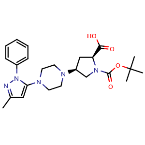 Chemical structure of (2S,4S)-1-(tert-Butoxycarbonyl)-4-(4-(3-methyl-1-phenyl-1H-pyrazol-5-yl)piperazin-1-yl)pyrrolidine-2-carboxylic acid , CAS 1821705-03-6, AChemBlock W158101
