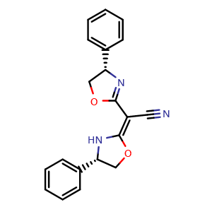 Chemical structure of (4S)-(+)-Phenyl-alpha-[(4S)-phenyloxazolidin-2-ylidene]-2-oxazoline-2-acetonitrile , CAS 150639-33-1, AChemBlock W158110