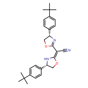 Chemical structure of (E)-2-((S)-4-(4-(Tert-butyl)phenyl)-4,5-dihydrooxazol-2-yl)-2-((S)-4-(4-(tert-butyl)phenyl)oxazolidin-2-ylidene)acetonitrile , CAS 1217481-09-8, AChemBlock W158111