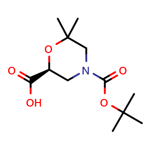 Chemical structure of (S)-4-(Tert-Butoxycarbonyl)-6,6-dimethylmorpholine-2-carboxylic acid , CAS 1416444-82-0, AChemBlock W158115