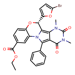 Chemical structure of (S)-Ethyl 6-(5-bromofuran-2-yl)-7,9-dimethyl-8,10-dioxo-11-phenyl-7,8,9,10-tetrahydro-6H-benzo[b]pyrimido[4',5':3,4]pyrrolo[1,2-d][1,4]oxazine-2-carboxylate , CAS 1415390-49-6, AChemBlock W158144