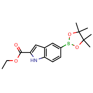 Chemical structure of Ethyl 5-(4,4,5,5-tetramethyl-1,3,2-dioxaborolan-2-yl)-1H-indole-2-carboxylate , CAS 736990-02-6, AChemBlock W158152