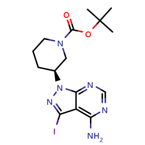 Chemical structure of tert-butyl (S)-3-(4-Amino-3-iodo-1H-pyrazolo[3,4-d]pyrimidin-1-yl)piperidine-1-carboxylate , CAS 461702-66-9, AChemBlock W158216