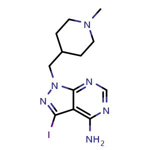 Chemical structure of 3-Iodo-1-[(1-methyl-4-piperidinyl)methyl]-1H-pyrazolo[3,4-d]pyrimidin-4-amine , CAS 1411763-96-6, AChemBlock W158217
