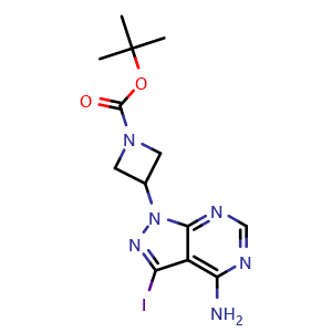 Chemical structure of tert-Butyl 3-(4-amino-3-iodo-1H-pyrazolo[3,4-d]pyrimidin-1-yl)azetane-1-carboxylate , CAS 461699-22-9, AChemBlock W158218