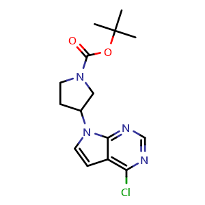 Chemical structure of tert-Butyl 3-(4-chloro-7H-pyrrolo[2,3-d]pyrimidin-7-yl)pyrrolidine-1-carboxylate , CAS 1240301-66-9, AChemBlock W158220