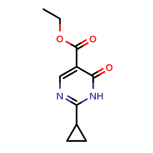 Chemical structure of Ethyl 2-cyclopropyl-6-oxo-1,6-dihydropyrimidine-5-carboxylate , CAS 1044770-39-9, AChemBlock W158278