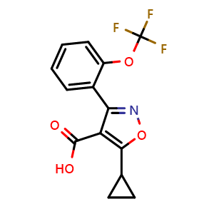 Chemical structure of 5-Cyclopropyl-3-(2-(trifluoromethoxy)phenyl)isoxazole-4-carboxylic acid , CAS 2191433-23-3, AChemBlock W158331