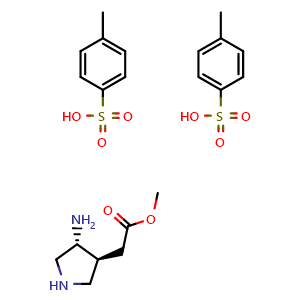 Chemical structure of Methyl 2-((3S,4R)-4-aminopyrrolidin-3-yl)acetate bis(4-methylbenzenesulfonate) , CAS 2459945-97-0, AChemBlock W158342