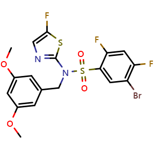 Chemical structure of 5-Bromo-N-(3,5-dimethoxybenzyl)-2,4-difluoro-N-(5-fluorothiazol-2-yl)benzenesulfonamide , CAS 2438941-90-1, AChemBlock W158373