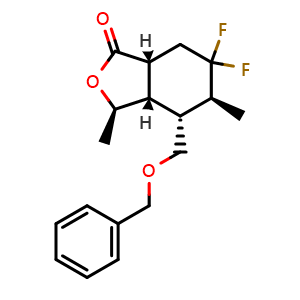 Chemical structure of (3R,3aS,4R,5S,7aR)-4-((Benzyloxy)methyl)-6,6-difluoro-3,5-dimethylhexahydroisobenzofuran-1(3H)-one , CAS 2381115-77-9, AChemBlock W158376