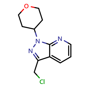 Chemical structure of 3-(Chloromethyl)-1-(tetrahydro-2H-pyran-4-yl)-1H-pyrazolo[3,4-b]pyridine , CAS 2443910-01-6, AChemBlock W158380