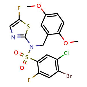 Chemical structure of 4-Bromo-5-chloro-N-(2,5-dimethoxybenzyl)-2-fluoro-N-(5-fluorothiazol-2-yl)benzenesulfonamide , CAS 2438599-17-6, AChemBlock W158386