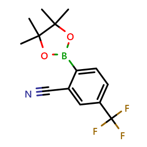 Chemical structure of 2-(4,4,5,5-Tetramethyl-1,3,2-dioxaborolan-2-yl)-5-(trifluoromethyl)benzonitrile , CAS 1073355-21-1, AChemBlock W158411