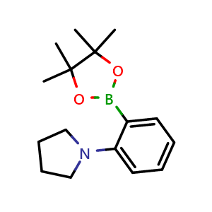 Chemical structure of 1-(2-(4,4,5,5-Tetramethyl-1,3,2-dioxaborolan-2-yl)phenyl)pyrrolidine , CAS 884507-21-5, AChemBlock W158429