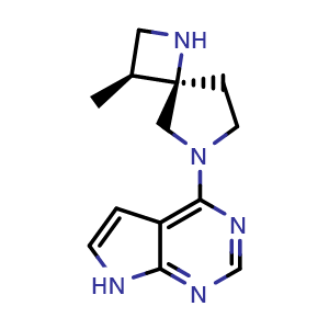Chemical structure of 4-((3S,4R)-3-Methyl-1,6-diazaspiro[3 4]octan-6-yl)-7H-pyrrolo[2,3-d]pyrimidine , CAS 2064338-19-6, AChemBlock W158442