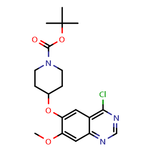 Chemical structure of tert-Butyl 4-[(4-chloro-7-methoxyquinazolin-6-yl)oxy]piperidine-1-carboxylate , CAS 612501-45-8, AChemBlock W158517