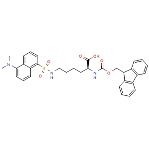 Chemical structure of N2-(((9H-Fluoren-9-yl)methoxy)carbonyl)-N6-((5-(dimethylamino)naphthalen-1-yl)sulfonyl)-L-lysine , CAS 118584-90-0, AChemBlock W158518