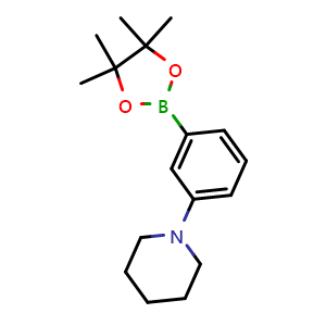 Chemical structure of 1-(3-(4,4,5,5-Tetramethyl-1,3,2-dioxaborolan-2-yl)phenyl)piperidine , CAS 852227-97-5, AChemBlock W158761