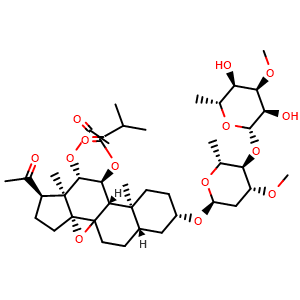 Chemical structure of (1R,3aR,6aS,8S,10aS,10bS,11S,12S,12aS)-12-acetoxy-1-acetyl-8-(((2S,4R,5R,6R)-5-(((2S,3R,4R,5R,6R)-3,5-dihydroxy-4-methoxy-6-methyltetrahydro-2H-pyran-2-yl)oxy)-4-methoxy-6-methyltetrahydro-2H-pyran-2-yl)oxy)-10a,12a-dimethyltetradecahydro-1H-cyclopen.. , CAS 1260252-18-3, AChemBlock W158861