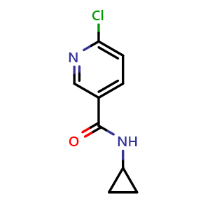 Chemical structure of 6-chloro-N-cyclopropylpyridine-3-carboxamide , CAS 585544-22-5, AChemBlock W158877