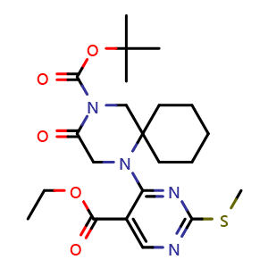 Chemical structure of tert-Butyl 1-(5-(ethoxycarbonyl)-2-(methylthio)pyrimidin-4-yl)-3-oxo-1,4-diazaspiro[5 5]undecane-4-carboxylate , CAS 2170746-96-8, AChemBlock W158938