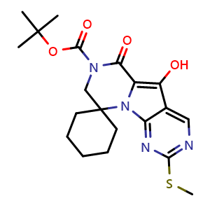 Chemical structure of tert-Butyl 5'-hydroxy-2'-(methylthio)-6'-oxo-6'H-spiro[cyclohexane-1,9'-pyrazino[1',2':1,5]pyrrolo[2,3-d]pyrimidine]-7'(8'H)-carboxylate , CAS 2170746-97-9, AChemBlock W158939
